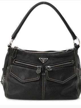 Vintage Prada Vitello Front Pockets Shoulder Bag Black Calfskin Leather
